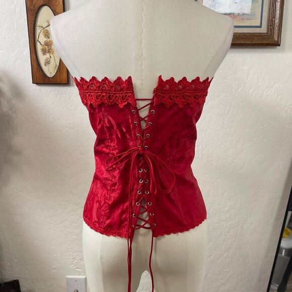 Vintage Y2K Gothic Valentines Red Lace Satin Size Clasp Corset Top - Picture 7 of 8